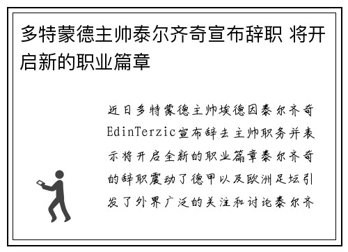 多特蒙德主帅泰尔齐奇宣布辞职 将开启新的职业篇章
